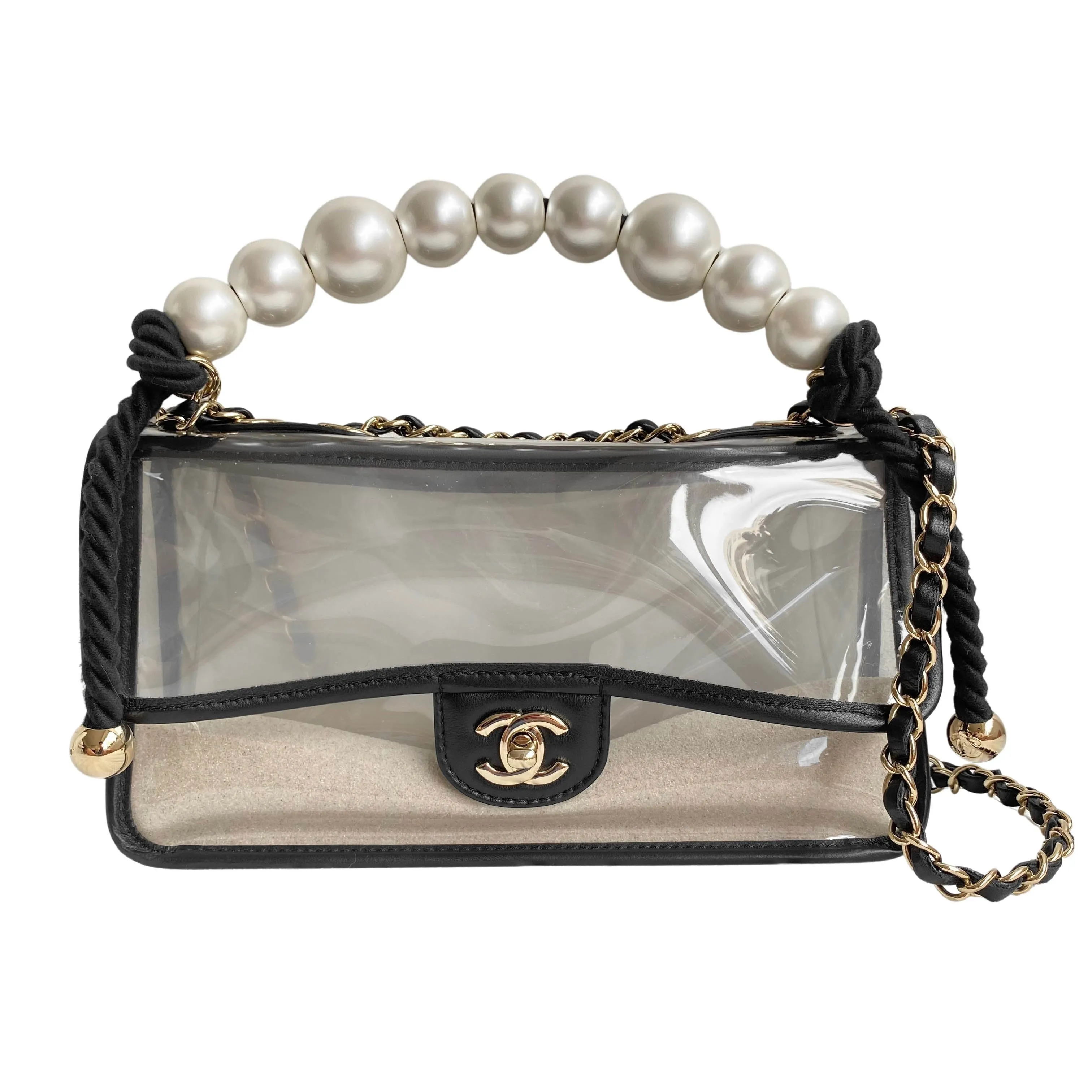 Coco Sand Pearl Strap PVC Medium Flap Bag