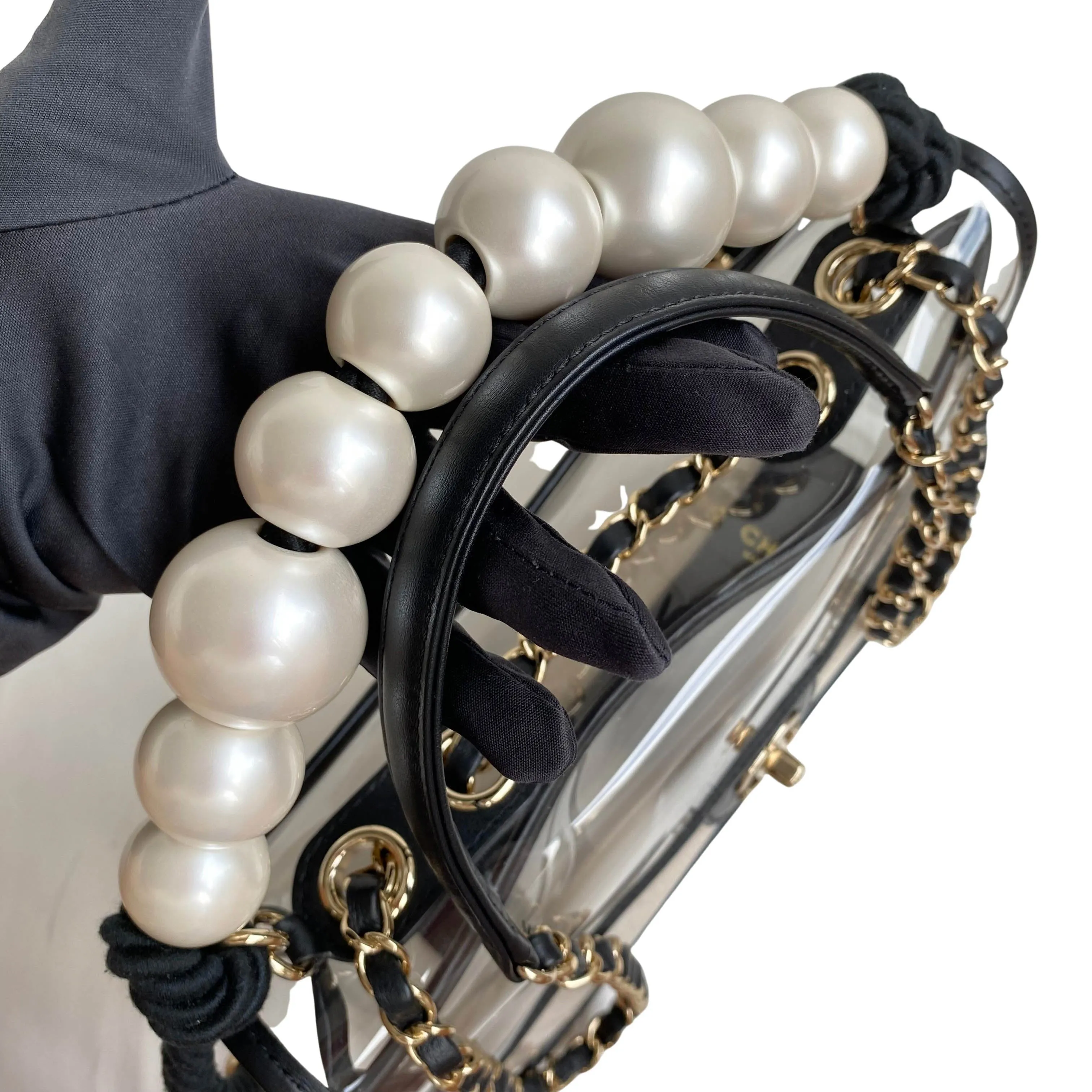 Coco Sand Pearl Strap PVC Medium Flap Bag
