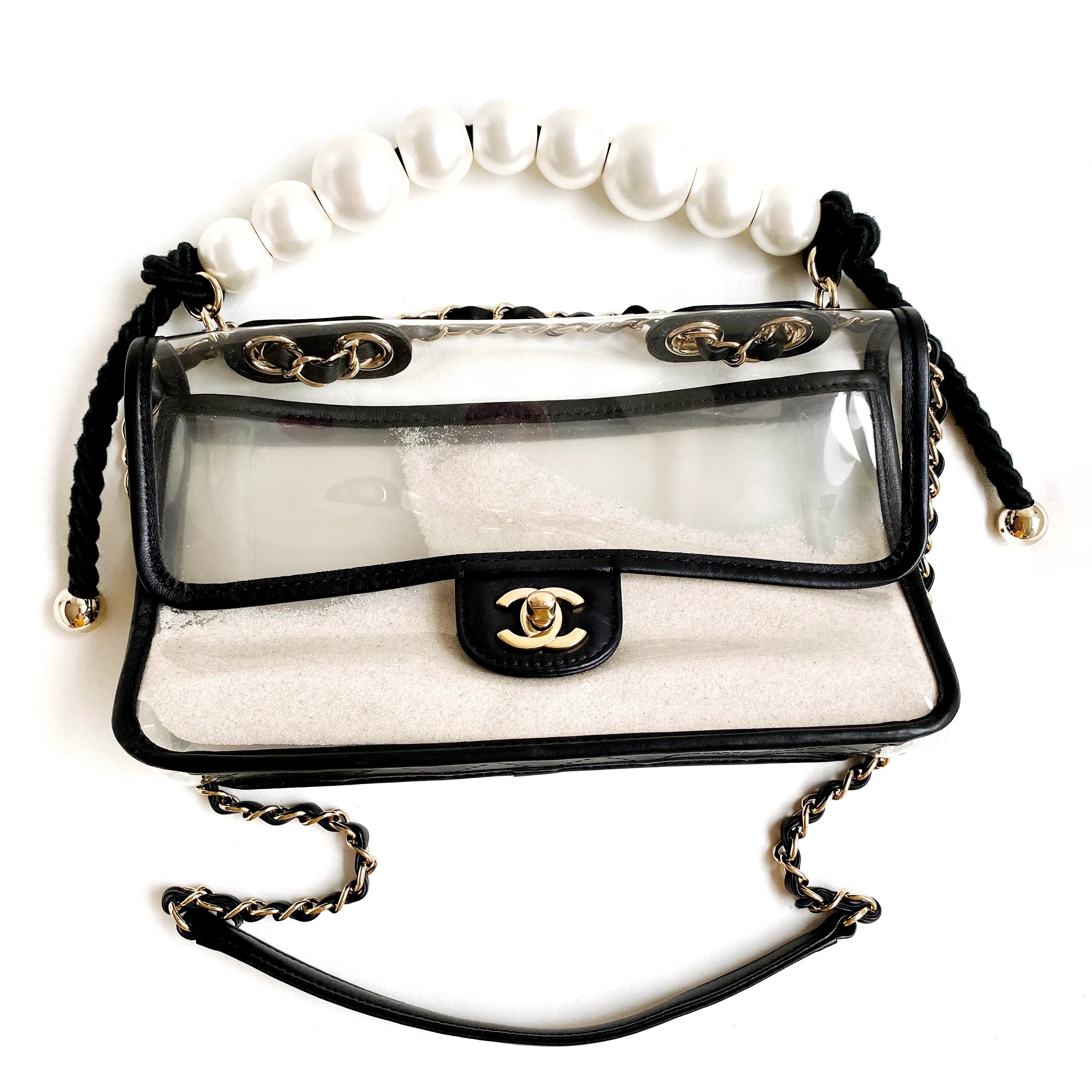 Coco Sand PVC Medium Flap Bag with Pearl Handle