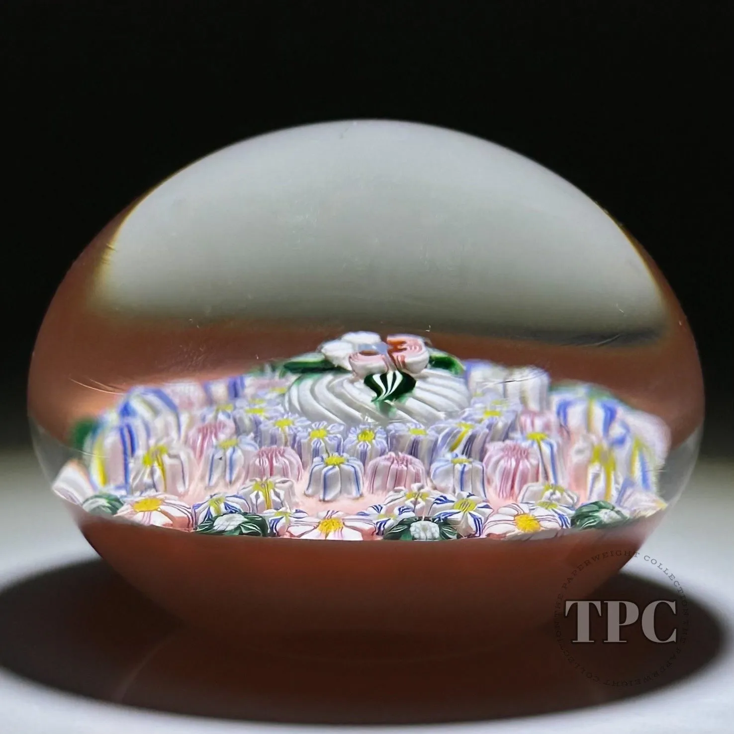 Collaborative Sue Fox & Drew Ebelhare 2016 Glass Art Paperweight Patterned Complex Millefiori on Peach Colored Ground