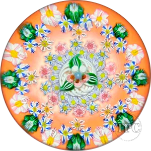 Collaborative Sue Fox & Drew Ebelhare 2016 Glass Art Paperweight Patterned Complex Millefiori on Peach Colored Ground