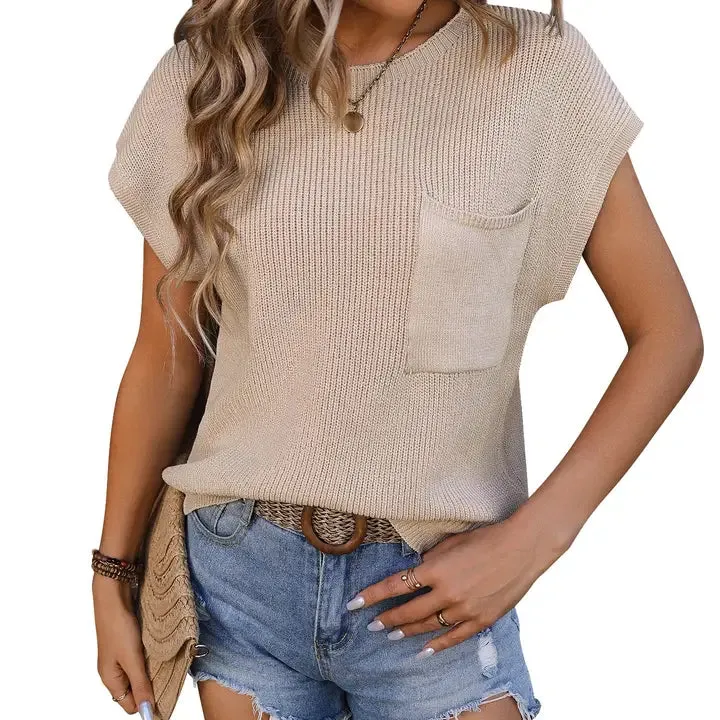 Crewneck Pocket Trim Top Short-Sleeved Sweater