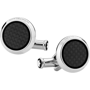 Cufflinks, round in stainless steel with carbon-patterned inlay