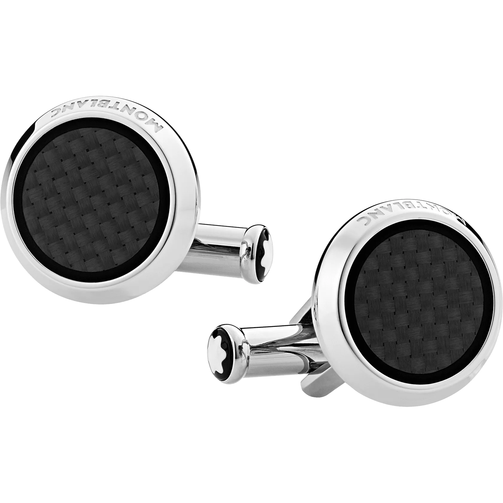 Cufflinks, round in stainless steel with carbon-patterned inlay