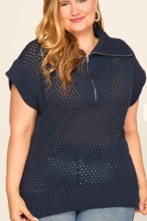 Curvy Navy Crochet Half Zip Top