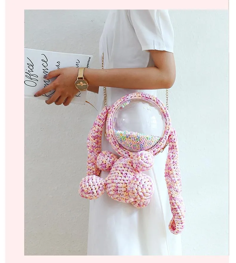 Cute Crochet Bunny Backpack Rabbit Crochet Shoulder Bag for Girl Bunny Crochet Crossbody Purse