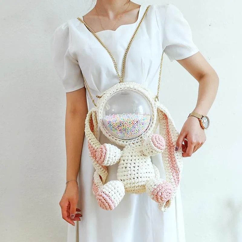 Cute Crochet Bunny Backpack Rabbit Crochet Shoulder Bag for Girl Bunny Crochet Crossbody Purse