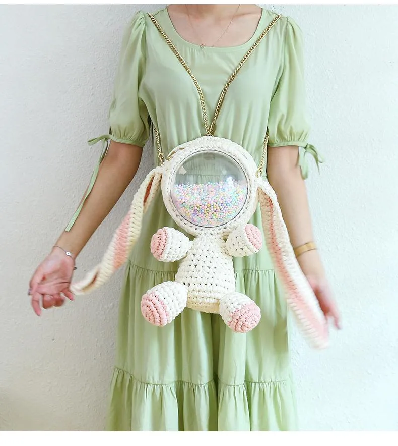 Cute Crochet Bunny Backpack Rabbit Crochet Shoulder Bag for Girl Bunny Crochet Crossbody Purse
