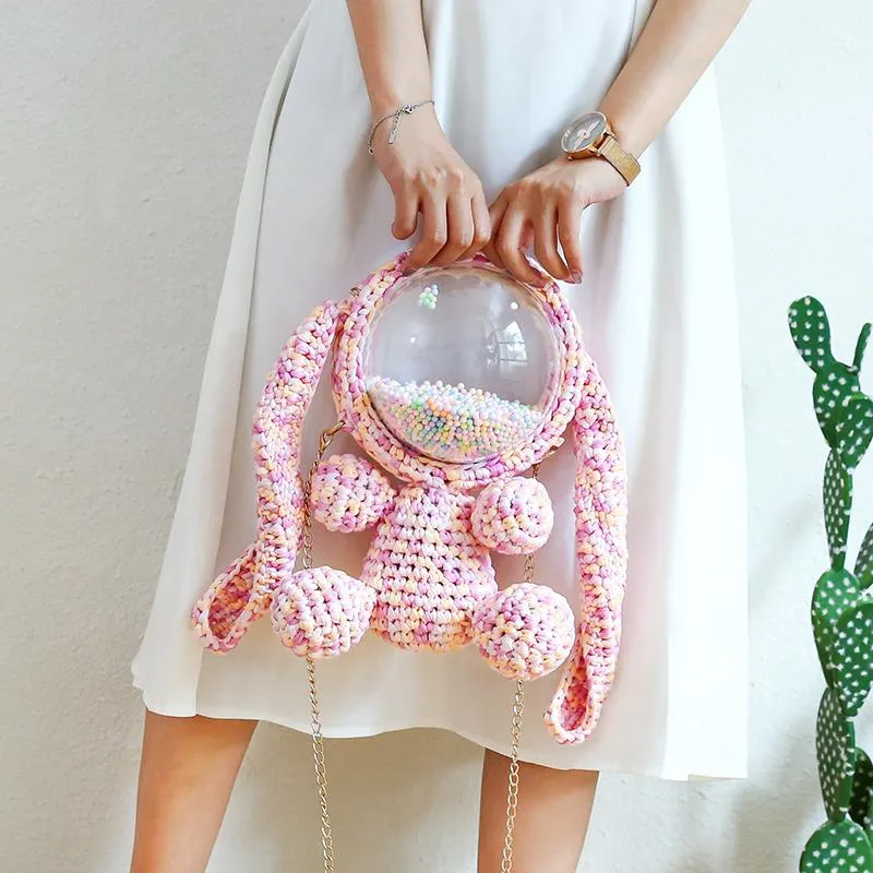 Cute Gray&Black Crochet Bunny Backpack Rabbit Crochet Shoulder Bag for Girl Bunny Crochet Crossbody Purse