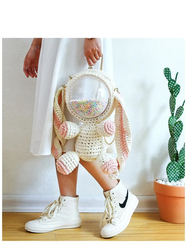 Cute Gray&Black Crochet Bunny Backpack Rabbit Crochet Shoulder Bag for Girl Bunny Crochet Crossbody Purse