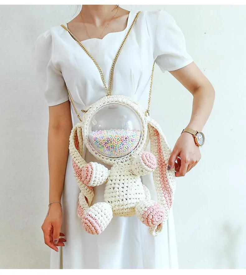 Cute Gray&Black Crochet Bunny Backpack Rabbit Crochet Shoulder Bag for Girl Bunny Crochet Crossbody Purse