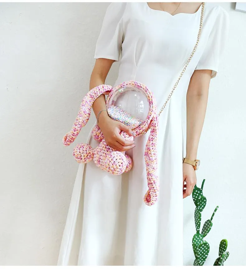 Cute Gray&Black Crochet Bunny Backpack Rabbit Crochet Shoulder Bag for Girl Bunny Crochet Crossbody Purse