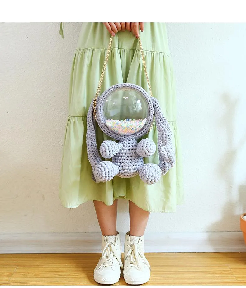 Cute Gray&Black Crochet Bunny Backpack Rabbit Crochet Shoulder Bag for Girl Bunny Crochet Crossbody Purse