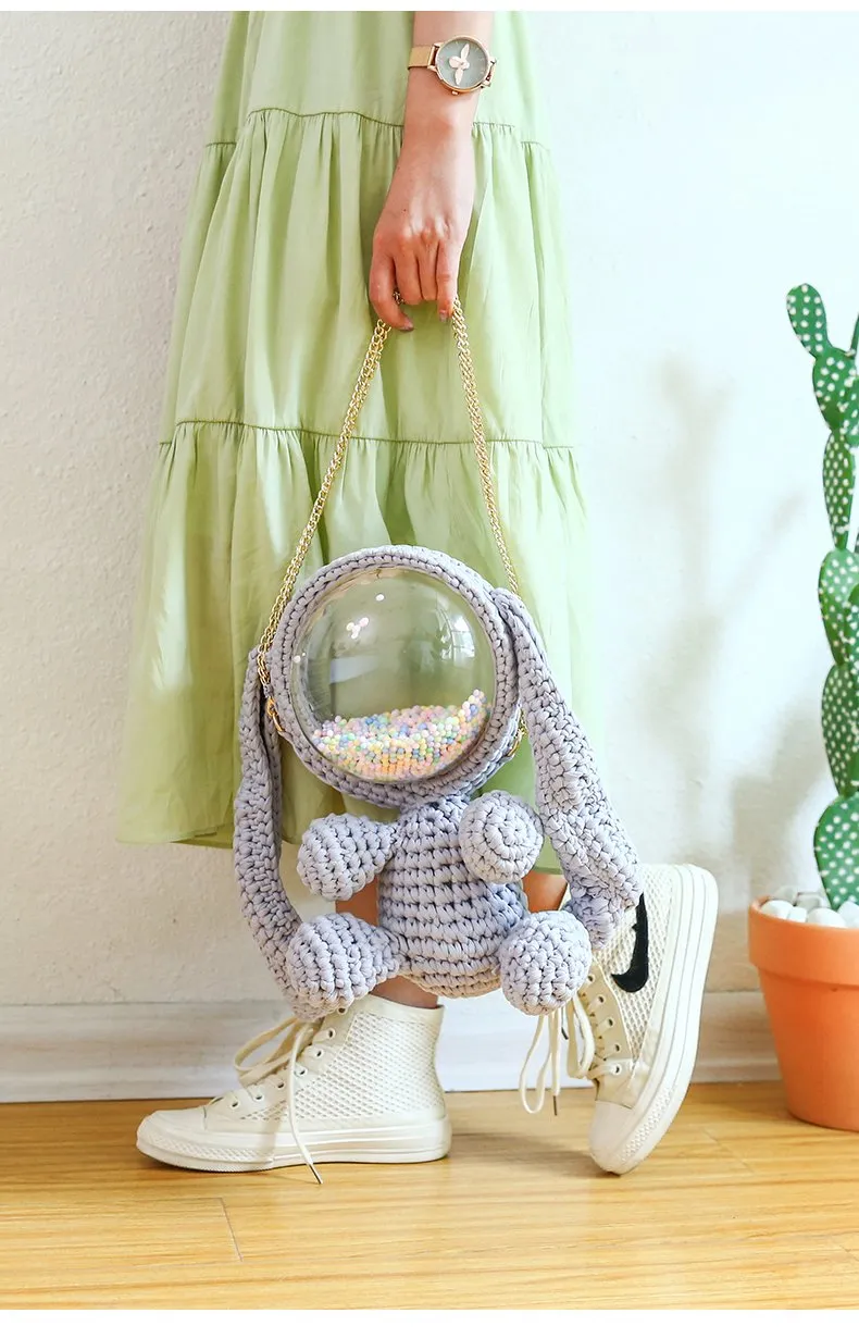 Cute Gray&Black Crochet Bunny Backpack Rabbit Crochet Shoulder Bag for Girl Bunny Crochet Crossbody Purse