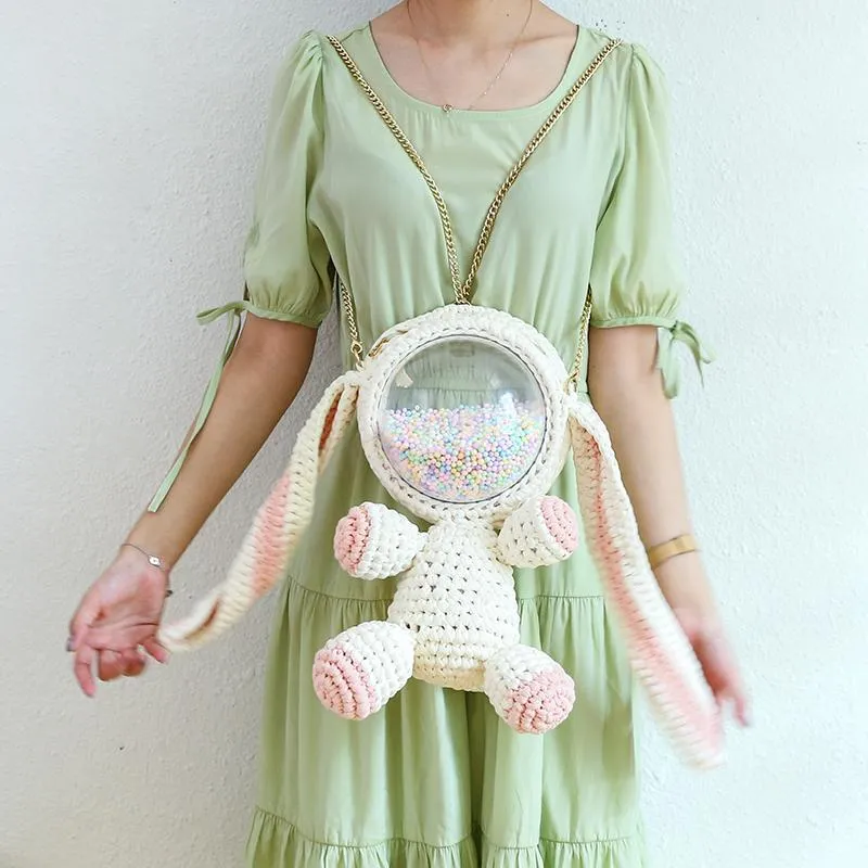 Cute Gray&Black Crochet Bunny Backpack Rabbit Crochet Shoulder Bag for Girl Bunny Crochet Crossbody Purse