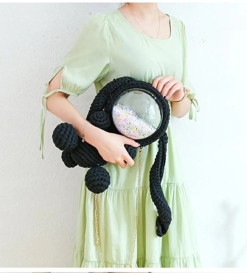 Cute Gray&Black Crochet Bunny Backpack Rabbit Crochet Shoulder Bag for Girl Bunny Crochet Crossbody Purse