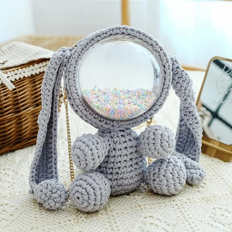 Cute Gray&Black Crochet Bunny Backpack Rabbit Crochet Shoulder Bag for Girl Bunny Crochet Crossbody Purse