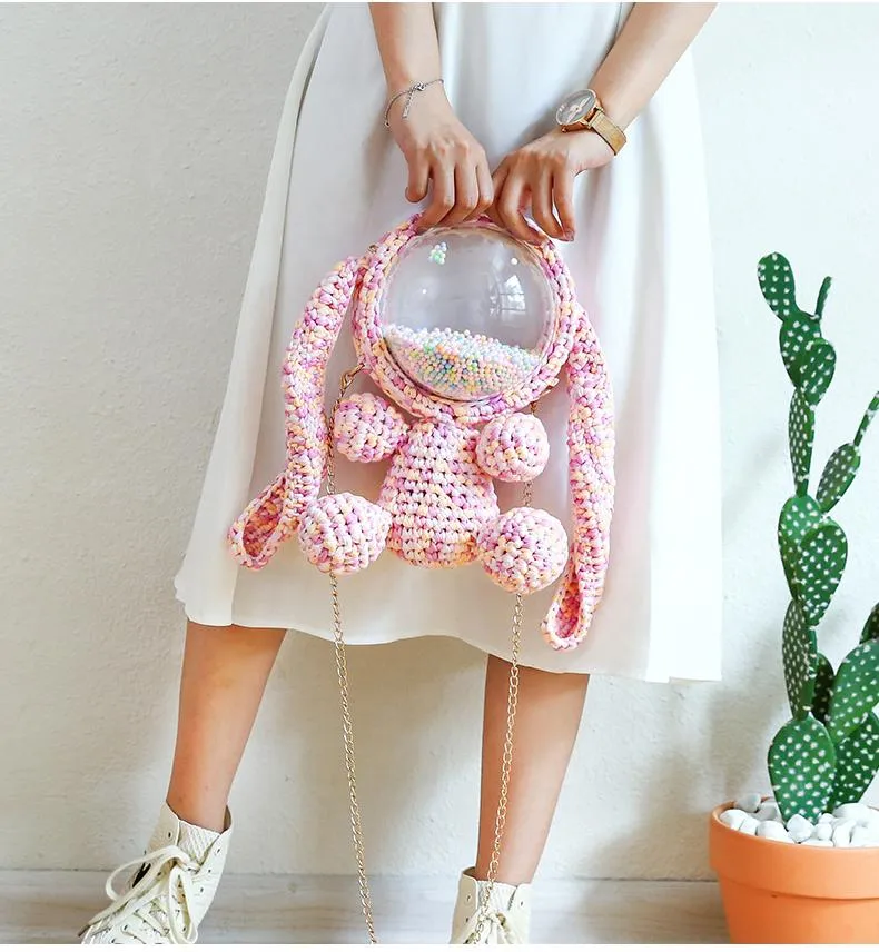 Cute Gray&Black Crochet Bunny Backpack Rabbit Crochet Shoulder Bag for Girl Bunny Crochet Crossbody Purse