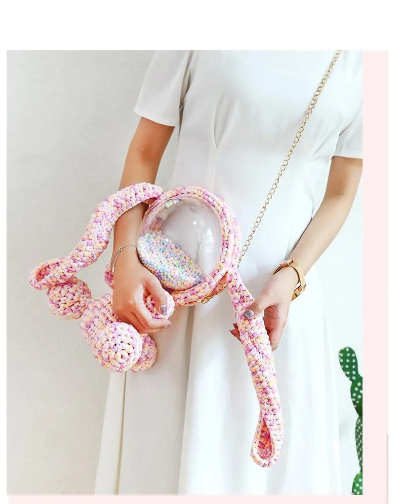 Cute Gray&Black Crochet Bunny Backpack Rabbit Crochet Shoulder Bag for Girl Bunny Crochet Crossbody Purse