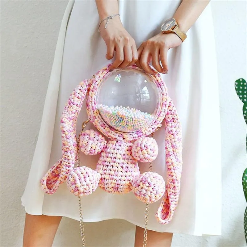 Cute Gray&Black Crochet Bunny Backpack Rabbit Crochet Shoulder Bag for Girl Bunny Crochet Crossbody Purse