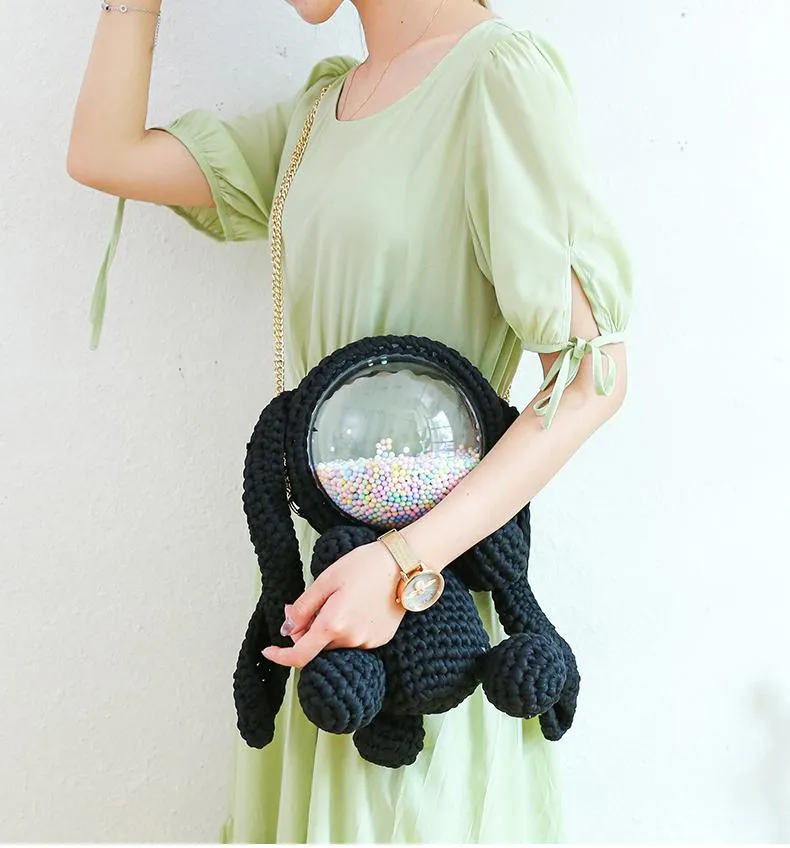 Cute Gray&Black Crochet Bunny Backpack Rabbit Crochet Shoulder Bag for Girl Bunny Crochet Crossbody Purse