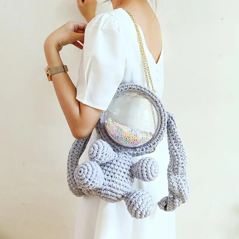 Cute Gray&Black Crochet Bunny Backpack Rabbit Crochet Shoulder Bag for Girl Bunny Crochet Crossbody Purse