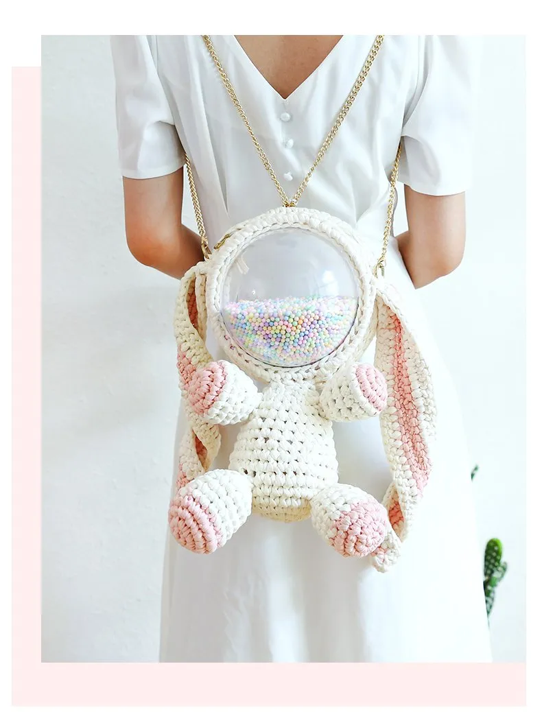 Cute Gray&Black Crochet Bunny Backpack Rabbit Crochet Shoulder Bag for Girl Bunny Crochet Crossbody Purse