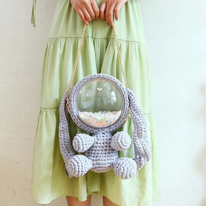 Cute Gray&Black Crochet Bunny Backpack Rabbit Crochet Shoulder Bag for Girl Bunny Crochet Crossbody Purse