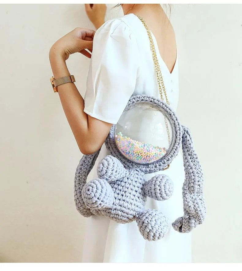 Cute Gray&Black Crochet Bunny Backpack Rabbit Crochet Shoulder Bag for Girl Bunny Crochet Crossbody Purse
