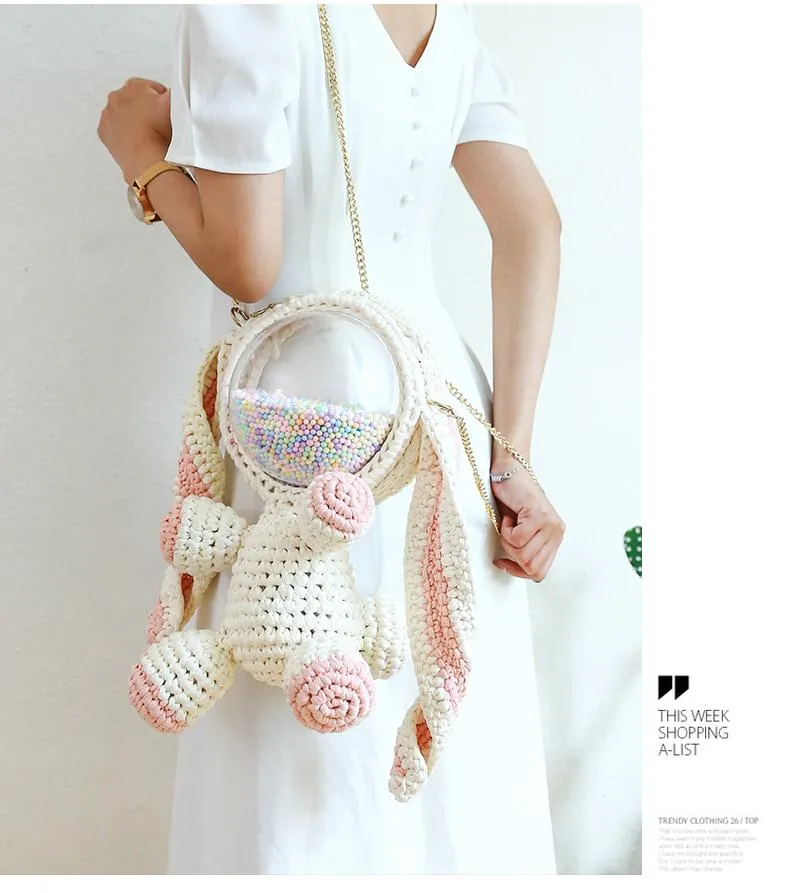 Cute Gray&Black Crochet Bunny Backpack Rabbit Crochet Shoulder Bag for Girl Bunny Crochet Crossbody Purse