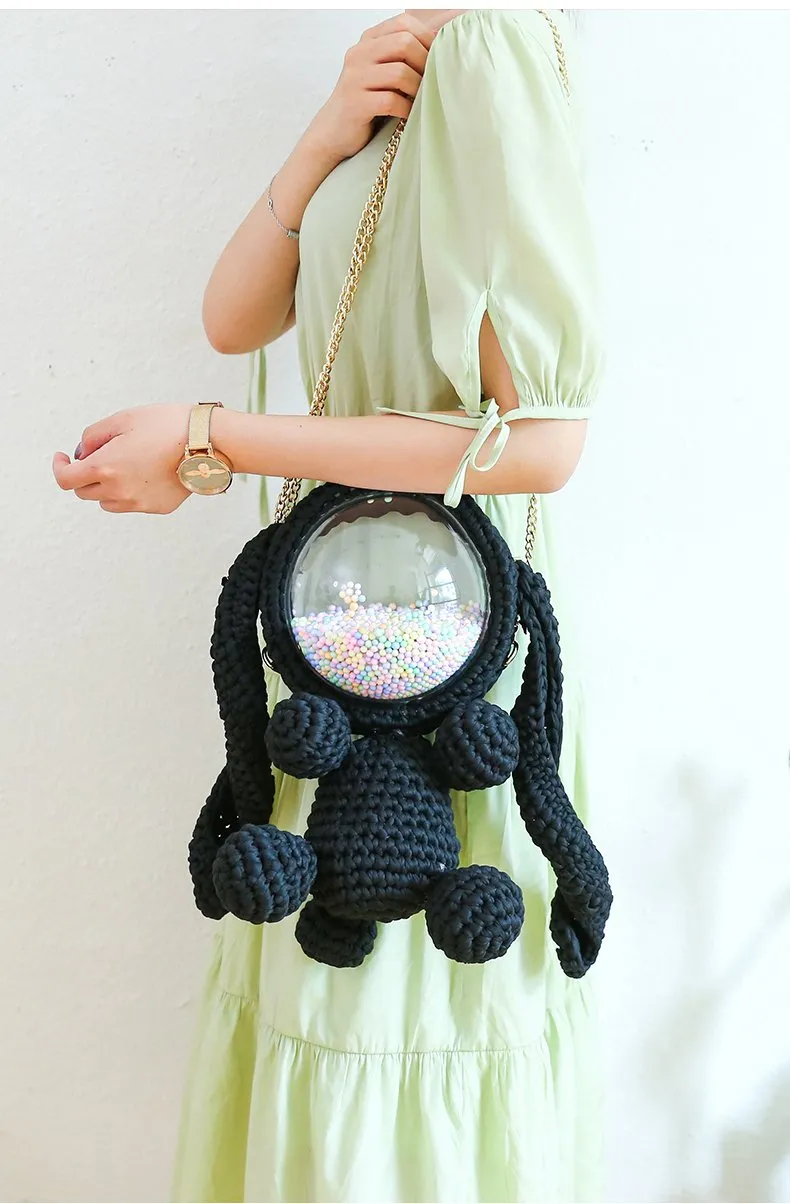 Cute Gray&Black Crochet Bunny Backpack Rabbit Crochet Shoulder Bag for Girl Bunny Crochet Crossbody Purse