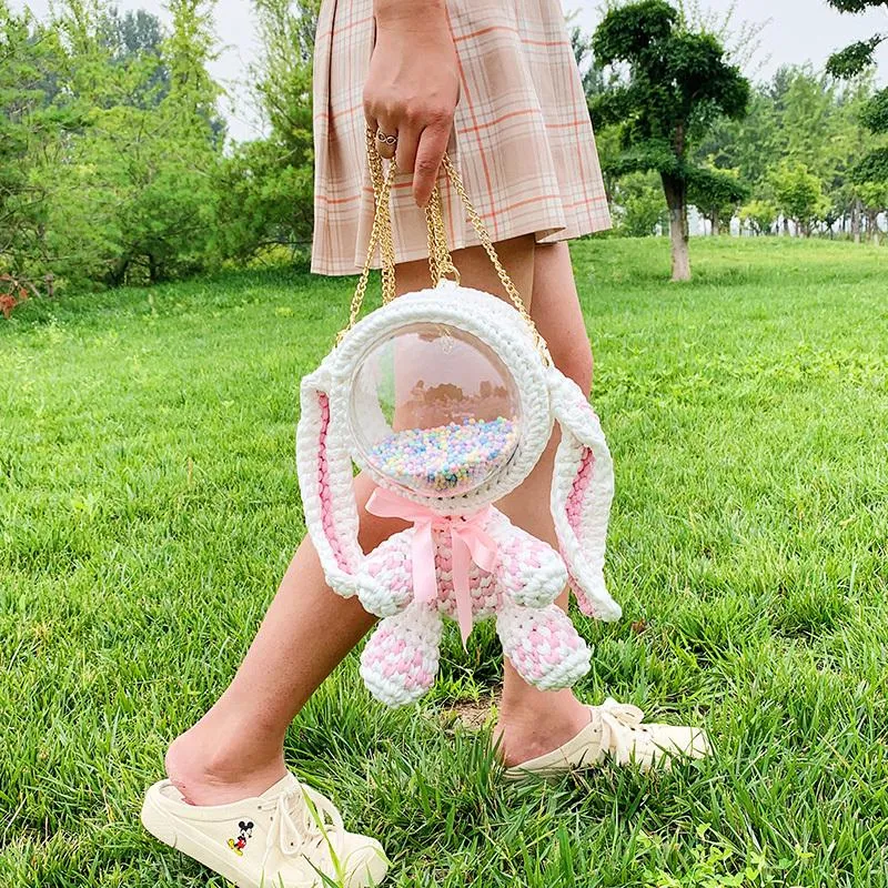 Cute Gray&Black Crochet Bunny Backpack Rabbit Crochet Shoulder Bag for Girl Bunny Crochet Crossbody Purse