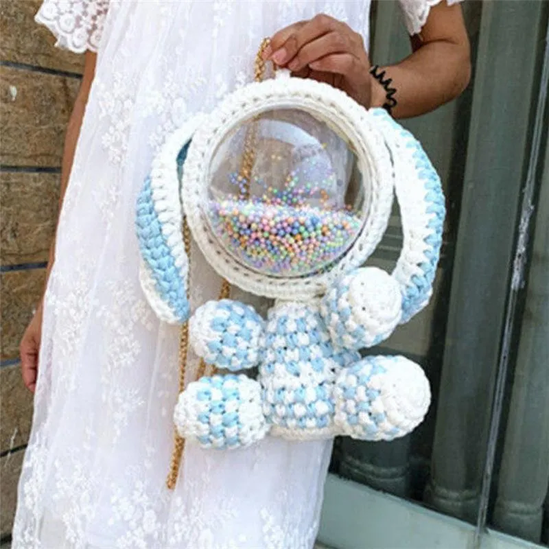 Cute Gray&Black Crochet Bunny Backpack Rabbit Crochet Shoulder Bag for Girl Bunny Crochet Crossbody Purse