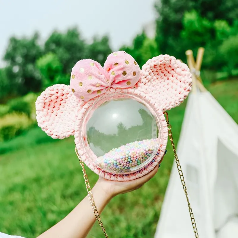 Cute Light Pink Crochet Mouse Backpack Mouse Crochet Shoulder Bag for Girl Mouse Crochet Crossbody Purse