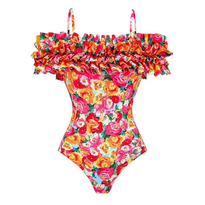Detachable Double Shoulder Strap With Ruffles One Piece Swimsuit Set - As shown / S