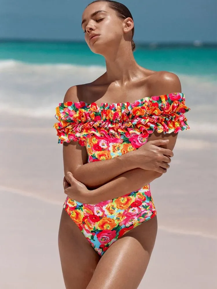Detachable Double Shoulder Strap With Ruffles One Piece Swimsuit Set - As shown / S