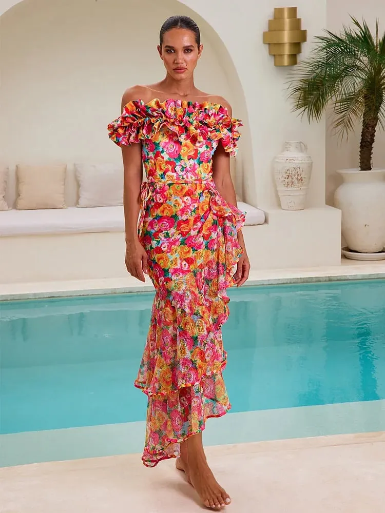 Detachable Double Shoulder Strap With Ruffles One Piece Swimsuit Set - As shown / S