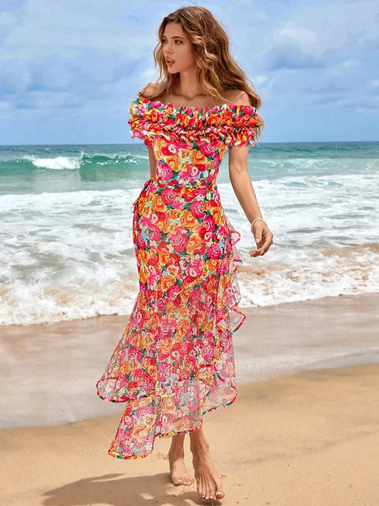 Detachable Double Shoulder Strap With Ruffles One Piece Swimsuit Set - As shown / S
