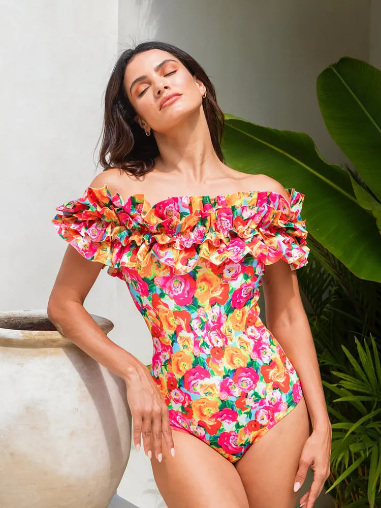 Detachable Double Shoulder Strap With Ruffles One Piece Swimsuit Set - As shown / S