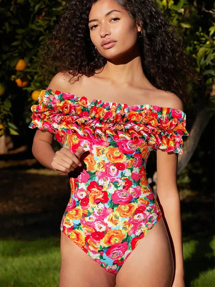 Detachable Double Shoulder Strap With Ruffles One Piece Swimsuit Set - As shown / S