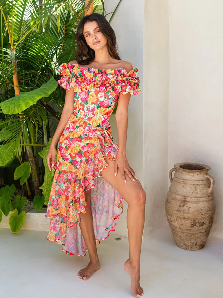 Detachable Double Shoulder Strap With Ruffles One Piece Swimsuit Set - As shown / S