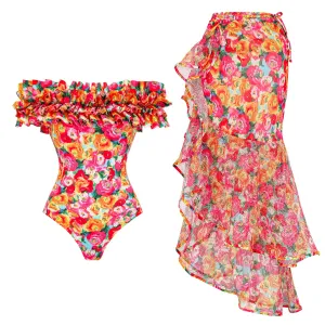 Detachable Double Shoulder Strap With Ruffles One Piece Swimsuit Set - As shown / S
