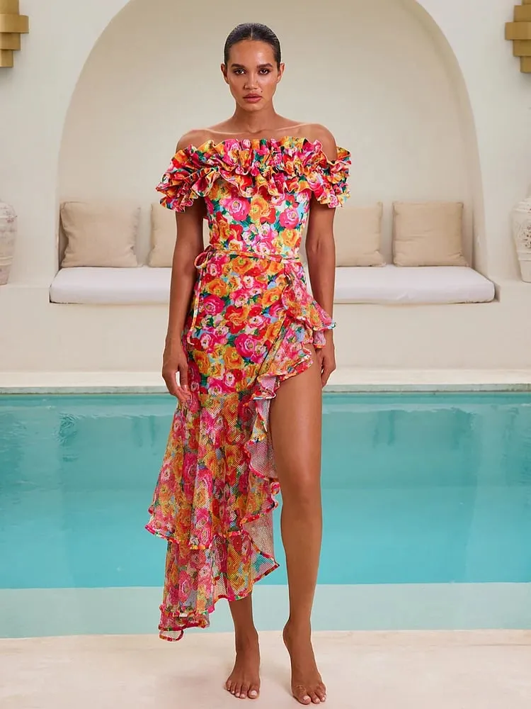 Detachable Double Shoulder Strap With Ruffles One Piece Swimsuit Set - As shown / S