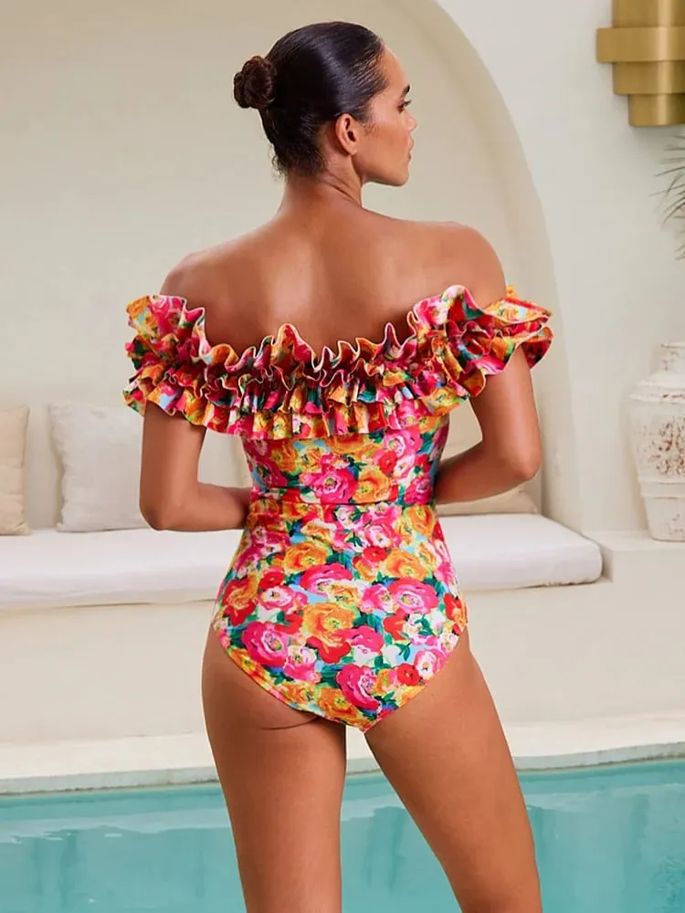 Detachable Double Shoulder Strap With Ruffles One Piece Swimsuit Set - As shown / S