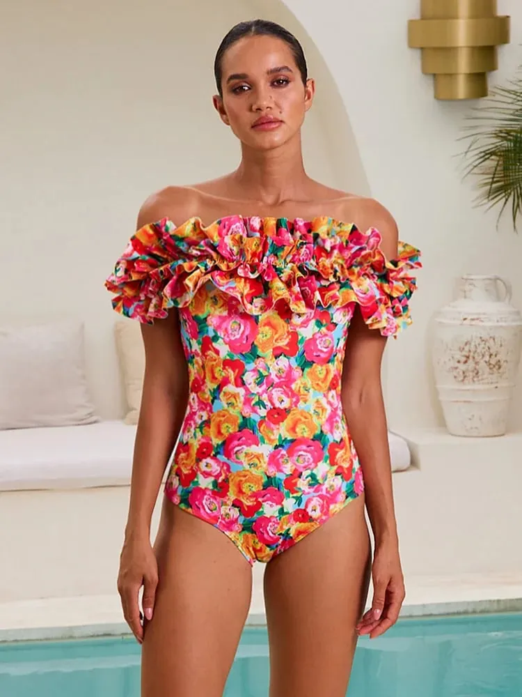 Detachable Double Shoulder Strap With Ruffles One Piece Swimsuit Set - As shown / S