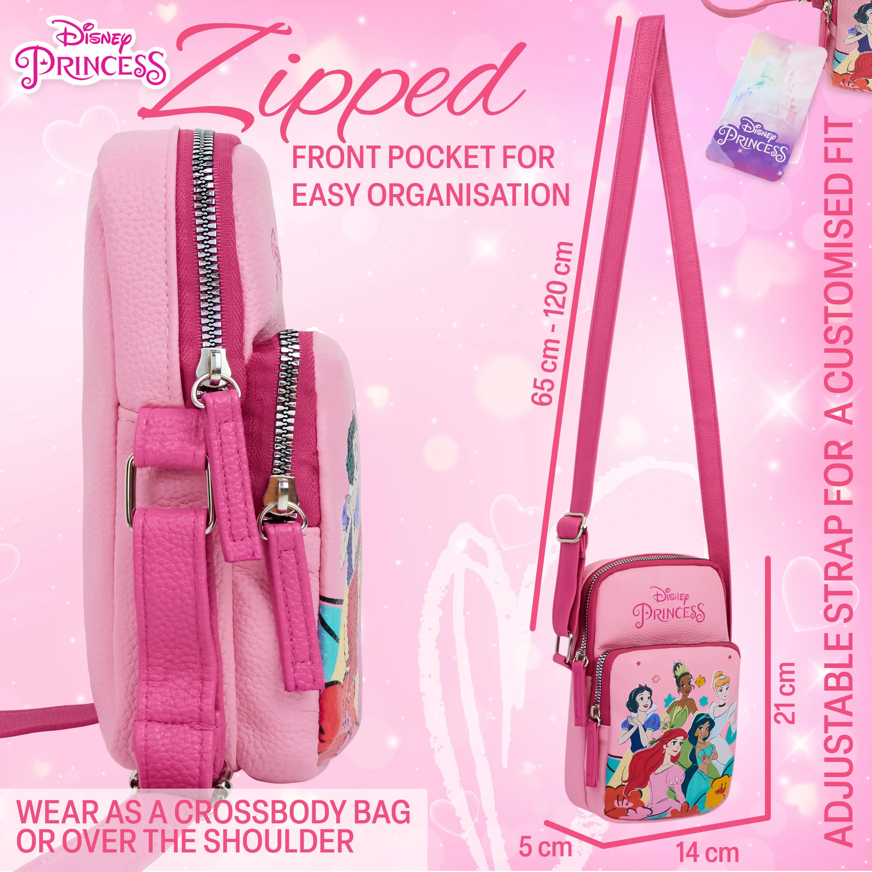 Disney Princess Girls Crossbody Bag with Compartments & Adjustable Strap Shoulder Bag