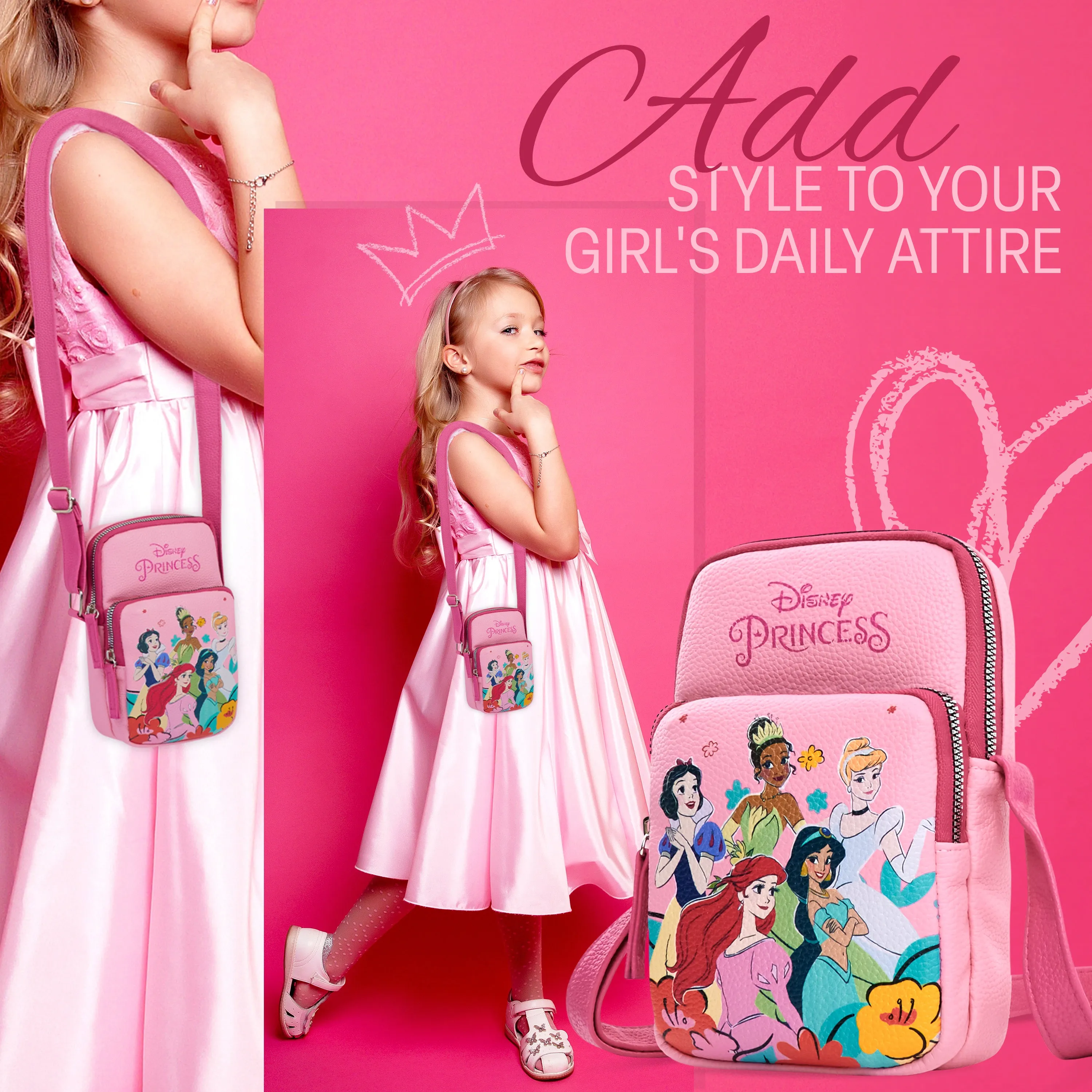 Disney Princess Girls Crossbody Bag with Compartments & Adjustable Strap Shoulder Bag