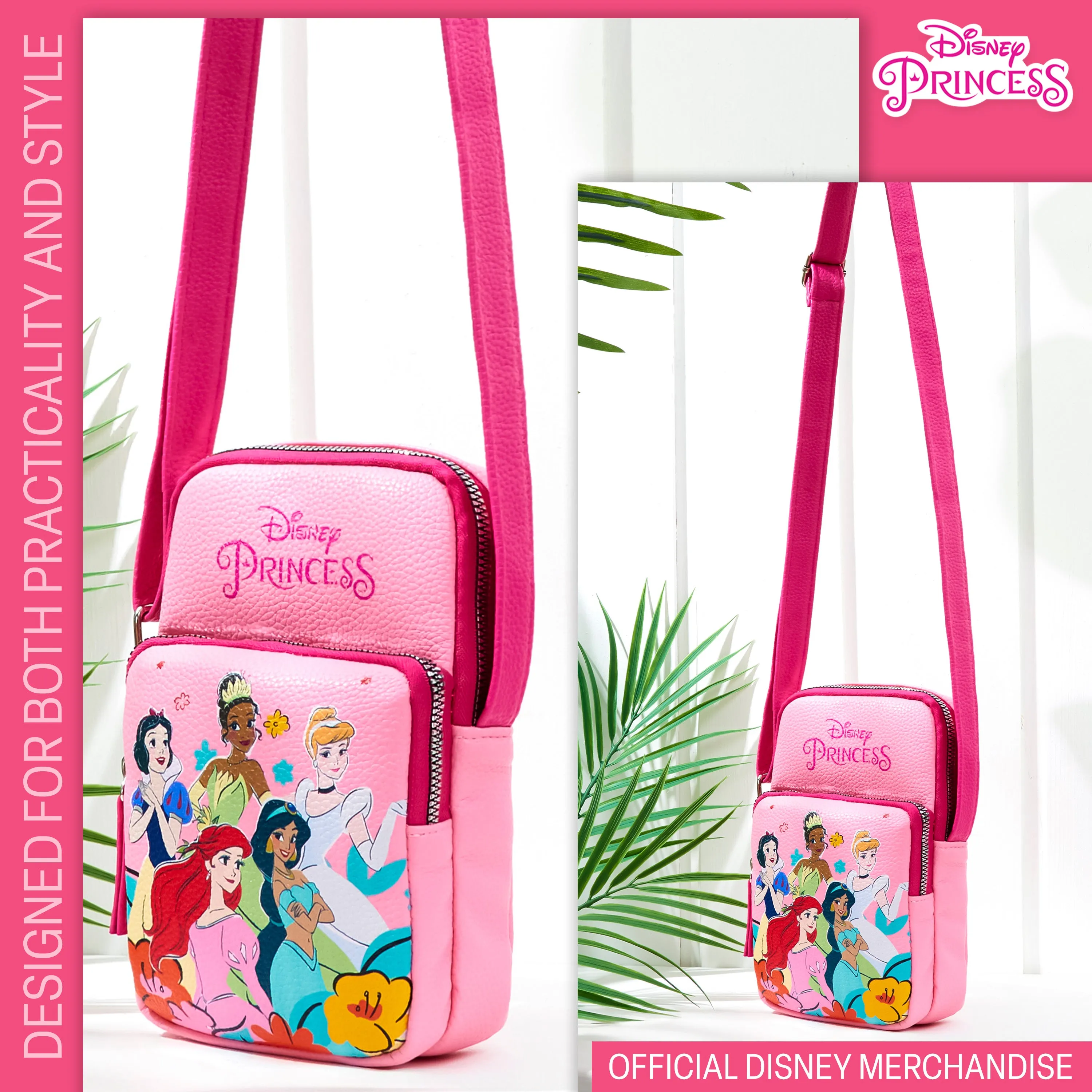 Disney Princess Girls Crossbody Bag with Compartments & Adjustable Strap Shoulder Bag