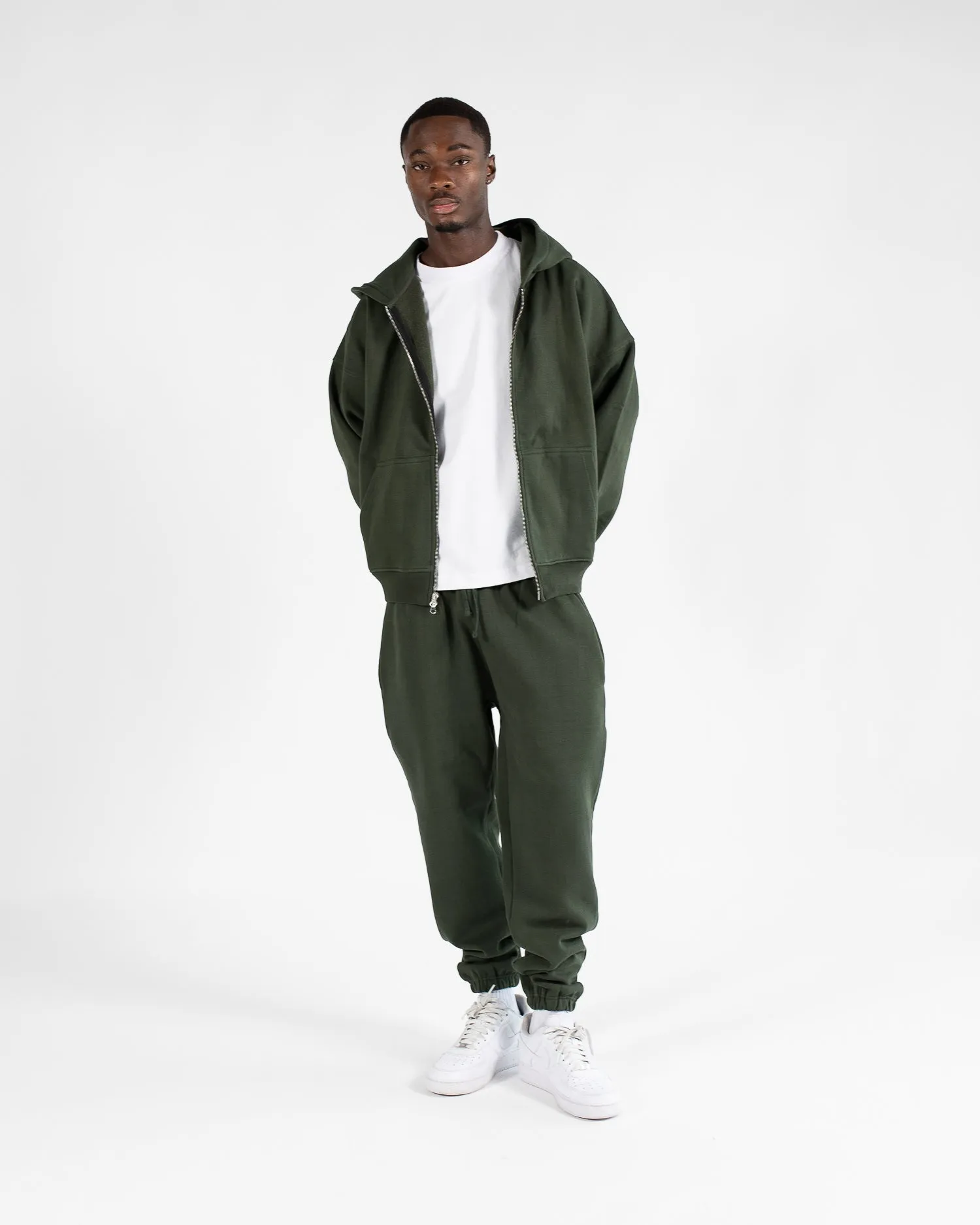 Drop Shoulder Zip Hoodie - Olive