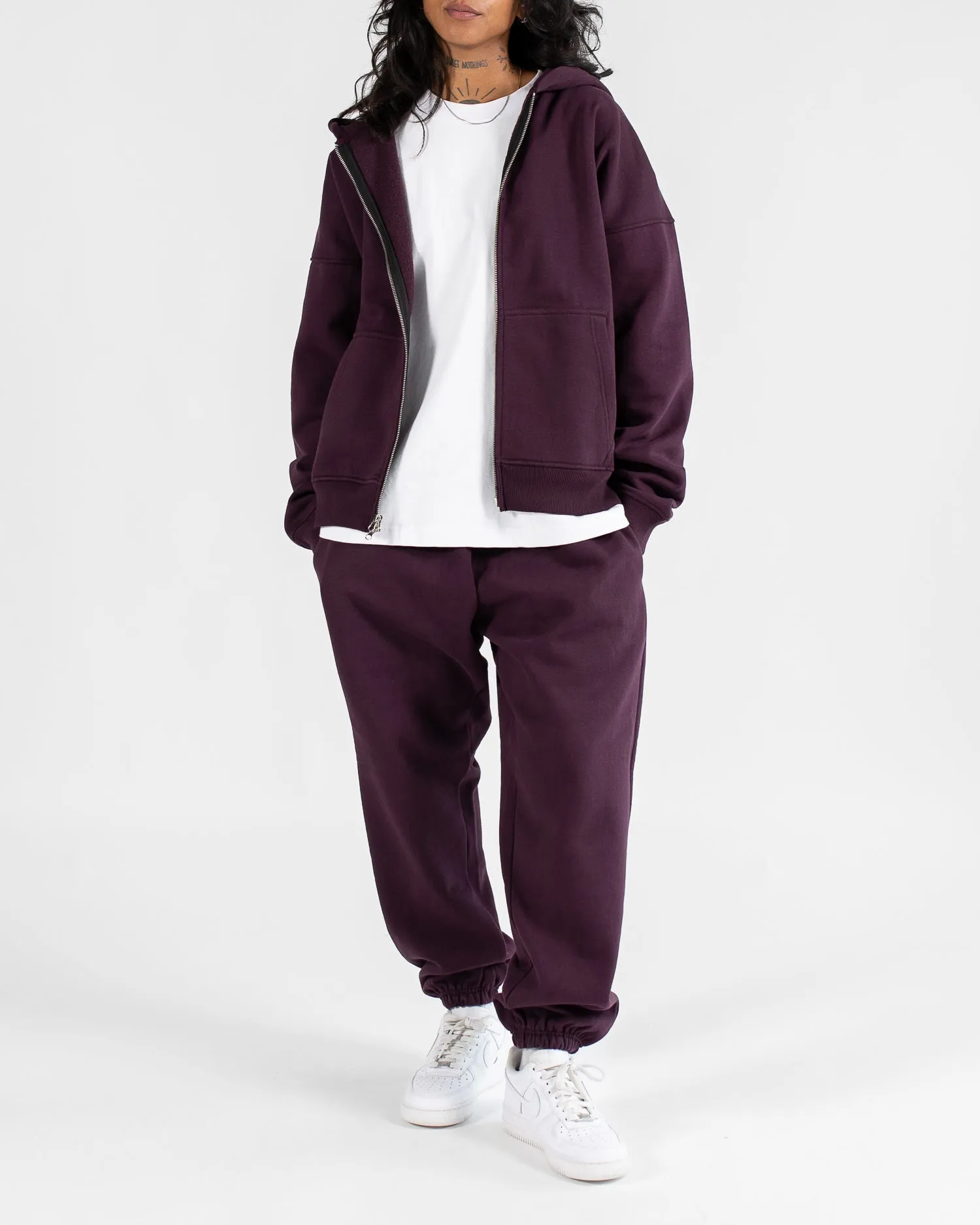 Drop Shoulder Zip Hoodie - Wine